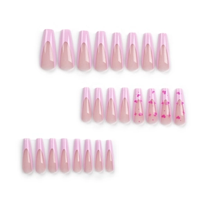 Pink French coffin press-on nails with heart and star patterns for a stylish manicure