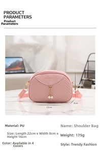 Pink PU crossbody bag size specifications 22x8x16cm with V-quilting and pearl tassel