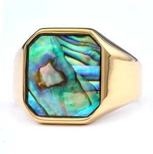 Polished gold stainless steel signet ring with a square colorful abalone shell inlay