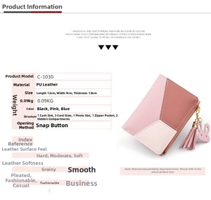 Pink patchwork wallet detail with rabbit tassel, dimensions 12x9x1.8cm and multi-slots