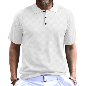 Detail shot of the white polo shirt showing textured checkerboard jacquard fabric and collar