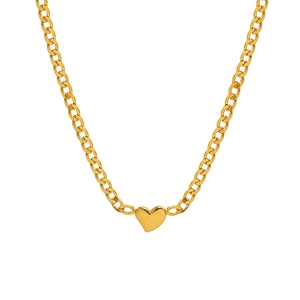 Minimalist 18K gold heart pendant necklace with flat curb chain on a white background