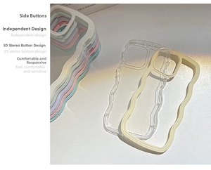 Close-up of wavy edge iPhone case with 3D tactile buttons in various candy colors