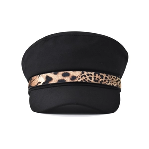 Classic black military newsboy cap with a stylish leopard print chain band for women