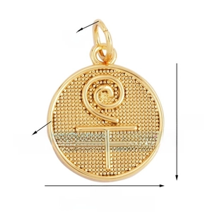 Detailed view of round gold pendant with spiral design and 14mm diameter specs