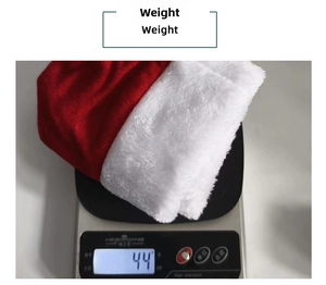 Detailed view showing the 44g weight of the plush velvet Christmas hat on a digital scale