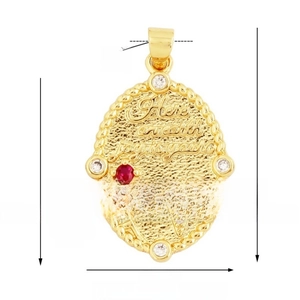 Detail of oval gold pendant with colorful zircon stones and wave texture showing dimensions