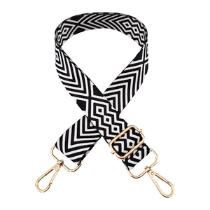 Adjustable black and white geometric ethnic style wide shoulder bag strap with gold hooks