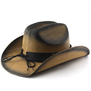 Western gradient woven straw cowboy hat with leather band and bull-head jazz style detail