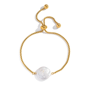 Gold stainless steel box chain bracelet with large baroque pearl and adjustable bolo slider