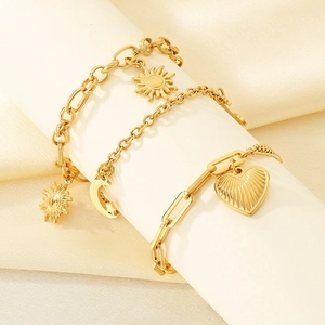 Three-piece 18K gold plated stainless steel bracelet set with sun moon and heart pendants