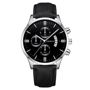 Montre à quartz Geneva pour homme avec bracelet en cuir noir et cadran chronographe argenté