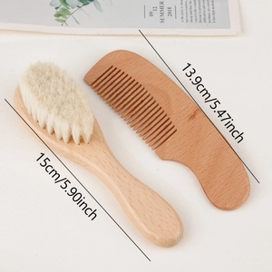 Natural beechwood baby hair brush and comb set with soft bristles for gentle infant grooming