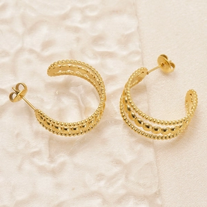 Boucles d'oreilles créoles en acier inoxydable doré 18K avec design à trois rangées de billes