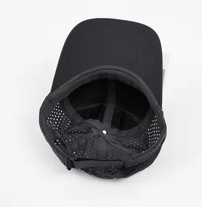Detailed interior of black mesh sun hat showing sweatband and adjustable buckle