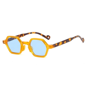 Classic vintage hexagonal sunglasses with amber frames and light blue lenses for fashion