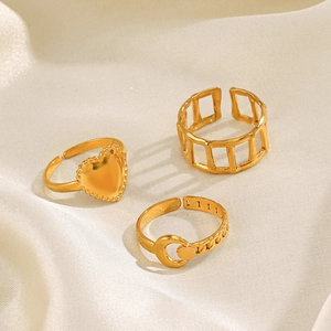 18K gold plated stainless steel adjustable star moon ring set for women in minimalist style