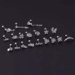 Set of 20G stainless steel stud earrings with zirconia in star, heart and moon designs
