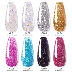 Glitter nail extension gel set with eight shimmering colors from GL01 to GL08 on white background