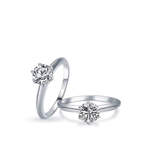 Classic S925 sterling silver six-prong solitaire ring with a round cubic zirconia stone