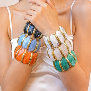 Bracelet Jonc Large En Résine Acrylique Texture Marbre Géométrique Élastique Alliage Bijoux Mode Rétro Pour Femmes