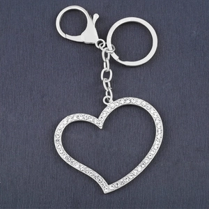 Silver alloy heart keychain with rhinestones, lobster clasp, and metal ring for bags