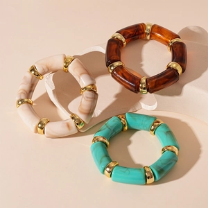 Retro acrylic geometric bamboo bracelets in marble white, tortoiseshell brown and lake blue