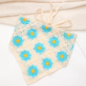 Handmade crochet triangular hair scarf with blue daisy floral patterns and lace-up ties
