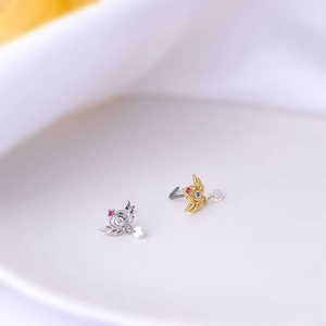 20G Titanium L-shaped nose stud with winged heart and colorful zircon dangle pendant