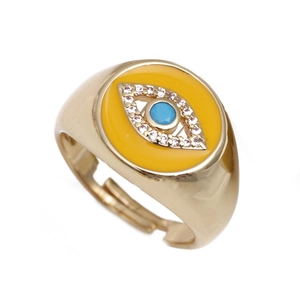 Gold evil eye open ring with blue center bead and yellow enamel finish on white background