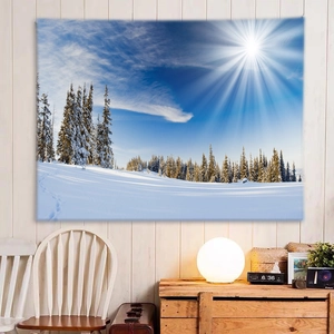 Winter snow forest tapestry hanging on white wood wall with cozy room decorations