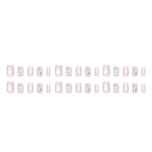Pink cat eye press-on nails with blue camellia flowers and fine glitter, 24pcs short square