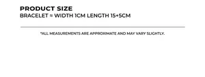 Detailed sizing chart for geometric 18k gold-plated titanium steel bracelet showing 15+5cm length