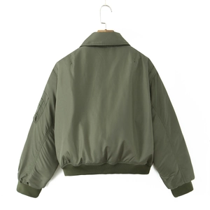 Back view of classic olive green bomber jacket with ribbed cuffs and zip sleeve pocket