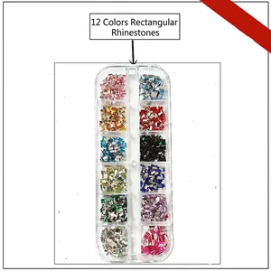 Detailed view of 12 colors rectangular rhinestones set in a transparent storage case