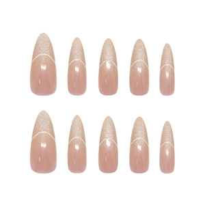 French almond press-on nails with pink cat eye gradient and white 3D lines