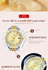 Detail of luxury gold and silver watch showing the date function and crystal bezel
