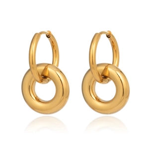 Detail view of interlocking 18K gold-plated stainless steel double circle hoop earrings