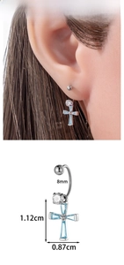 Detail view of 8mm silver cross ear piercing with blue zircon and size dimensions