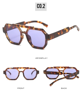Three-angle views of square tortoiseshell pilot sunglasses with purple lenses