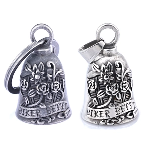 Guardian bell motorcycle pendant with vintage rose relief in oxidized silver finish