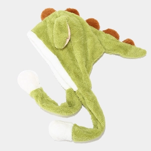 Cute green dinosaur plush hat with earflaps and spikes for winter warmth and protection