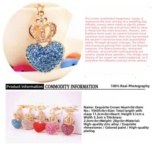Detail showing five colors of rhinestone crown heart keychains made of zinc alloy