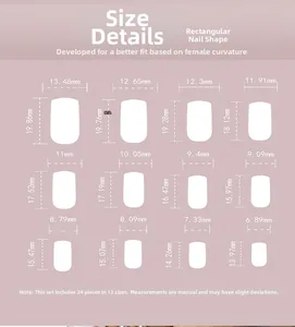Detailed size chart showing 12 dimensions for French style press-on nails with measurements
