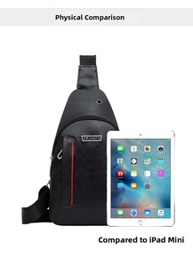 Men's black PU leather sling bag next to an iPad Mini for size reference comparison