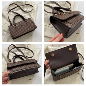 Detail showing vintage lychee pattern texture and multi-angle views of the brown handbag