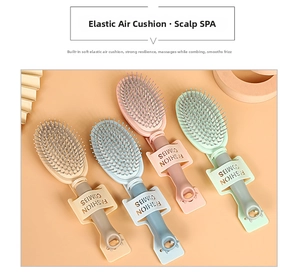 Detail view of colorful scalp massage hair brushes with round bristles and soft air cushions