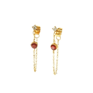 Gold stainless steel tassel earrings featuring red cubic zirconia and long chain drop
