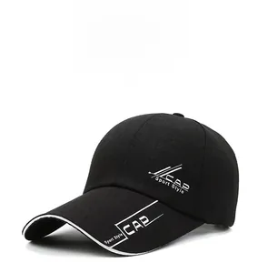 Detail of black baseball cap showing the CAP Sport Style print and white brim piping
