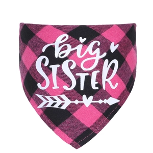 Close-up of pink buffalo plaid dog bandana featuring white big SISTER printed lettering